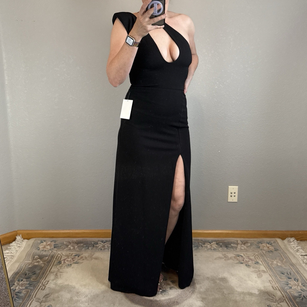 Alamour Womens Marta One Shoulder Cutout Maxi Gown Dress Size M Black Ponte Slit